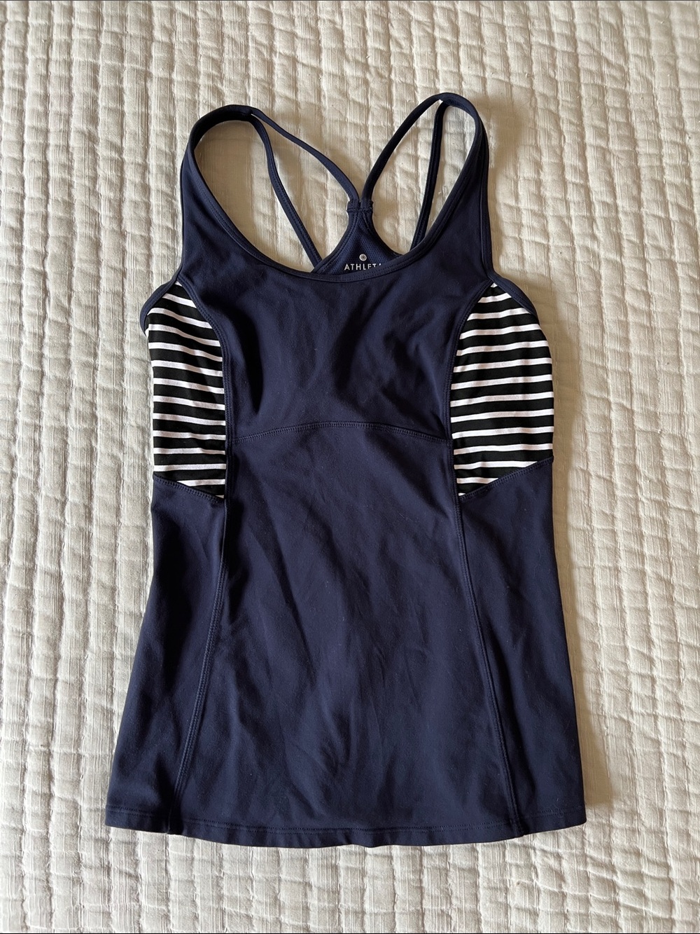 Athleta Navy Tank with Black & White Striped Panels